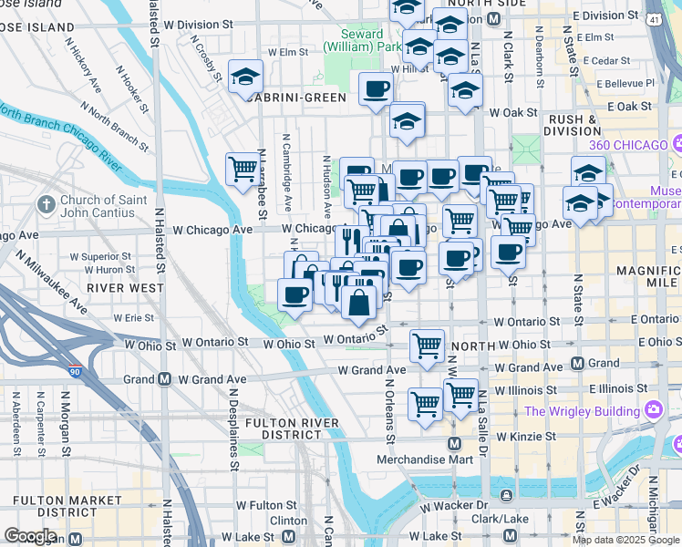 map of restaurants, bars, coffee shops, grocery stores, and more near 405 West Superior Street in Chicago