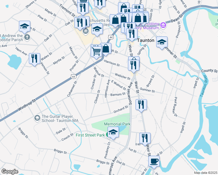 map of restaurants, bars, coffee shops, grocery stores, and more near 30 Harrison Avenue in Taunton