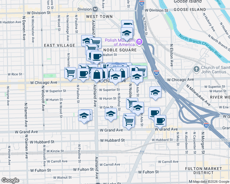 map of restaurants, bars, coffee shops, grocery stores, and more near 1453 West Superior Street in Chicago