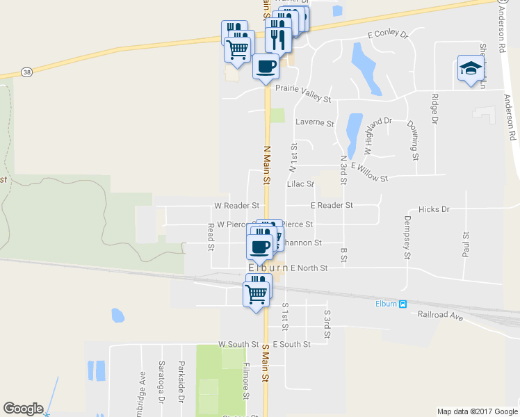 map of restaurants, bars, coffee shops, grocery stores, and more near 314 North Main Street in Elburn