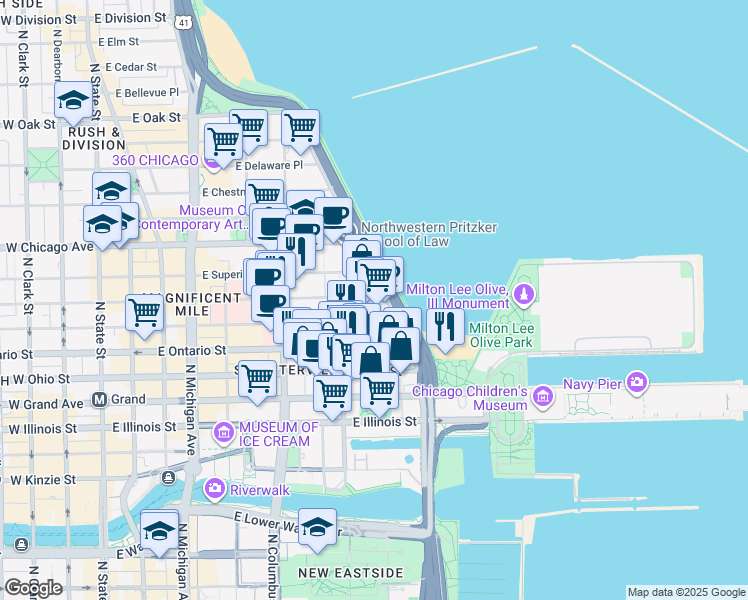 map of restaurants, bars, coffee shops, grocery stores, and more near 409-499 East Huron Street in Chicago
