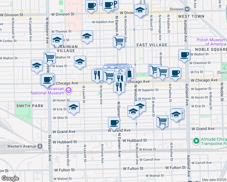 map of restaurants, bars, coffee shops, grocery stores, and more near 2022 West Superior Street in Chicago