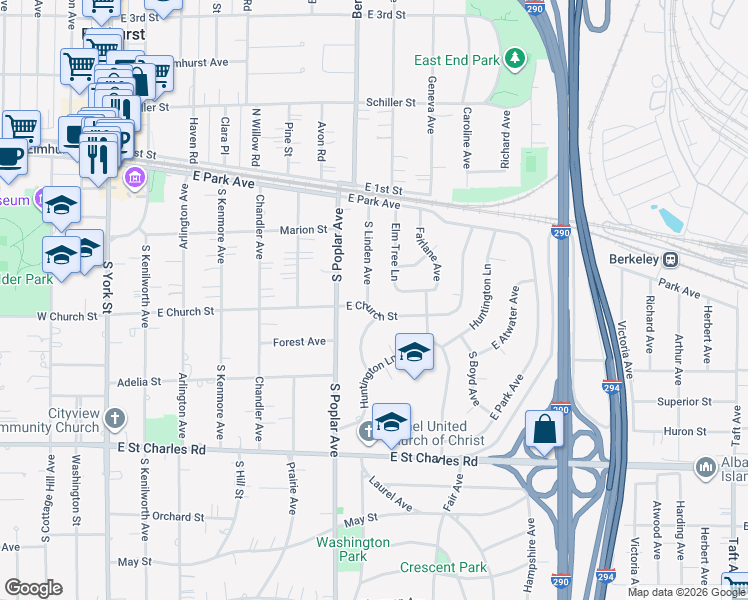 map of restaurants, bars, coffee shops, grocery stores, and more near 199 South Linden Avenue in Elmhurst