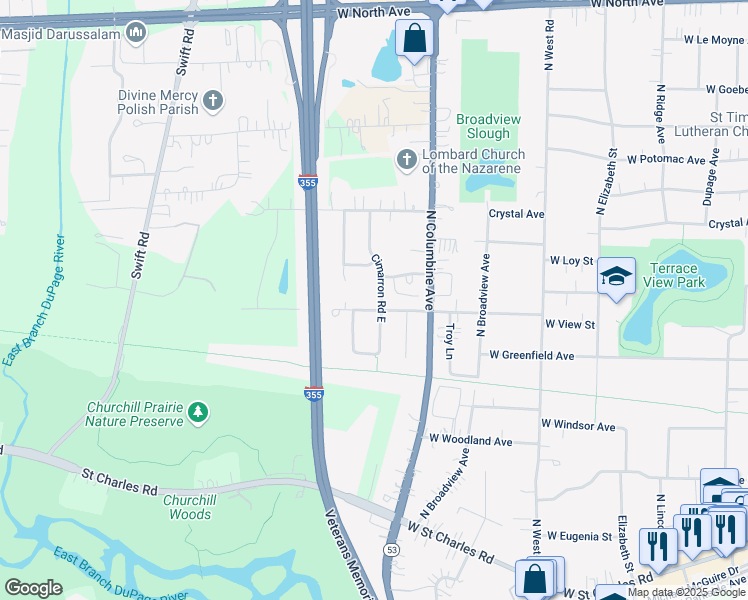 map of restaurants, bars, coffee shops, grocery stores, and more near 308 Cimarron Road West in Lombard