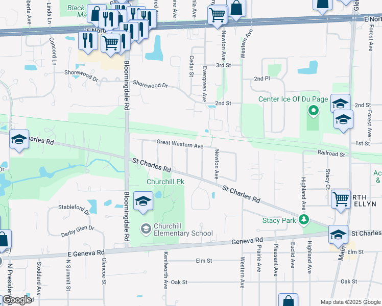 map of restaurants, bars, coffee shops, grocery stores, and more near 915 Dawn Avenue in Glen Ellyn