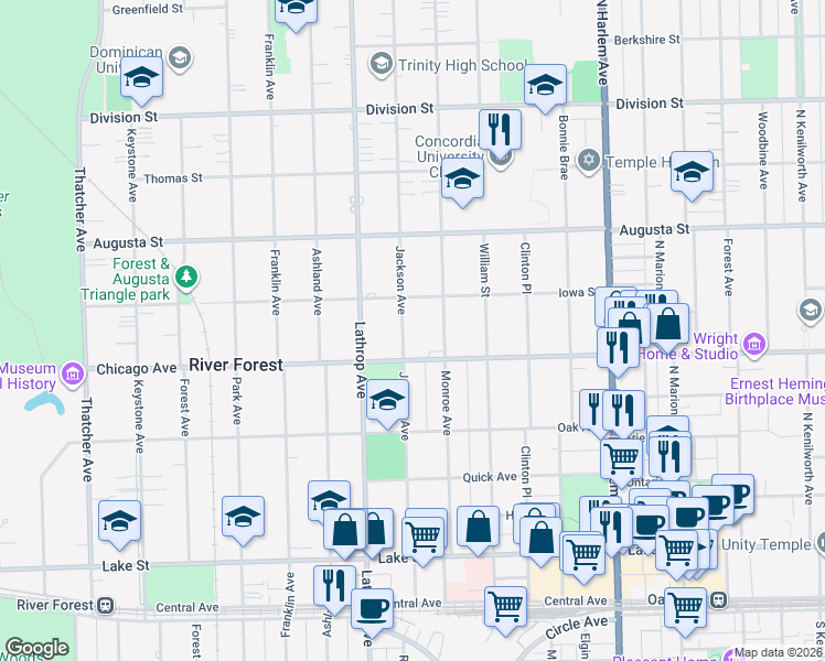 map of restaurants, bars, coffee shops, grocery stores, and more near 823 Jackson Avenue in River Forest