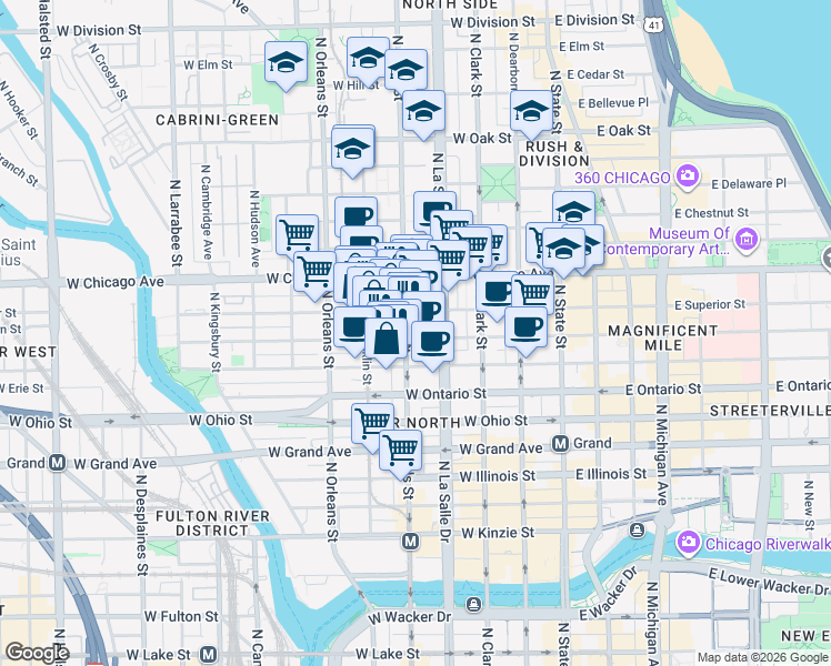map of restaurants, bars, coffee shops, grocery stores, and more near 702 North Wells Street in Chicago