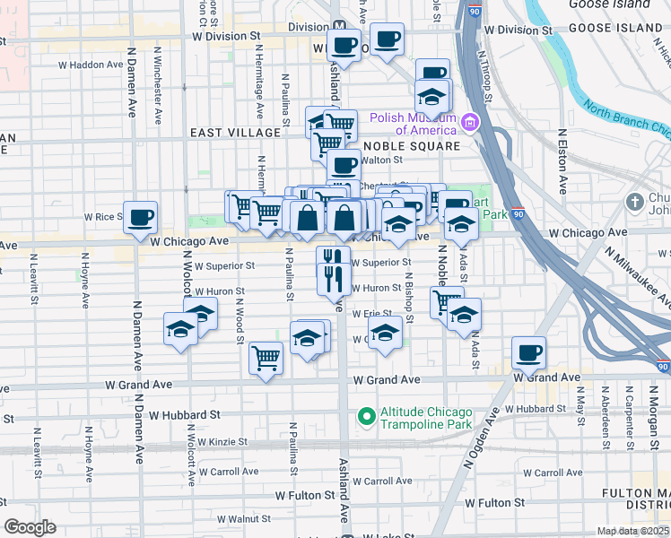 map of restaurants, bars, coffee shops, grocery stores, and more near in Chicago