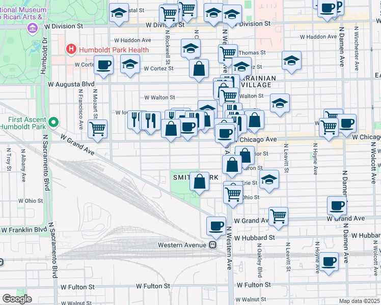 map of restaurants, bars, coffee shops, grocery stores, and more near 2514 West Superior Street in Chicago
