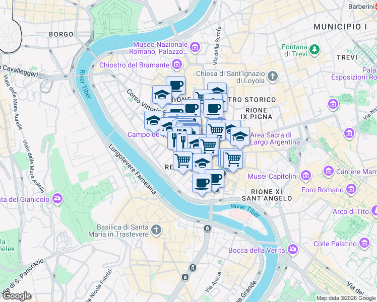 map of restaurants, bars, coffee shops, grocery stores, and more near 50 Vicolo delle Grotte in Roma