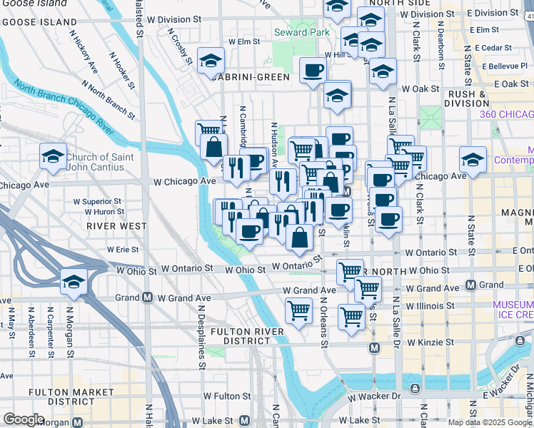 map of restaurants, bars, coffee shops, grocery stores, and more near 446 West Huron Street in Chicago