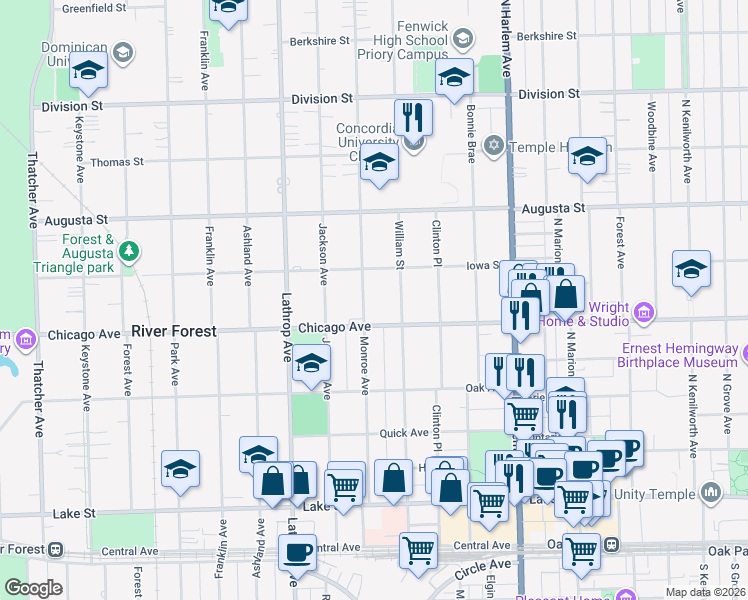map of restaurants, bars, coffee shops, grocery stores, and more near 823 Monroe Avenue in River Forest
