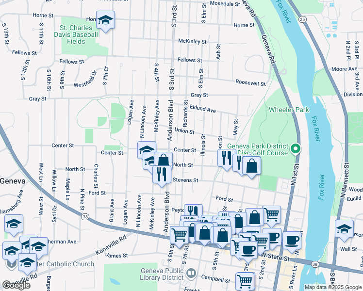 map of restaurants, bars, coffee shops, grocery stores, and more near 608 Richards Street in Geneva