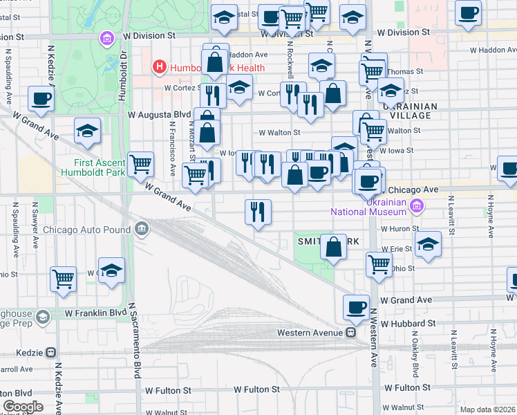 map of restaurants, bars, coffee shops, grocery stores, and more near 2652 West Superior Street in Chicago