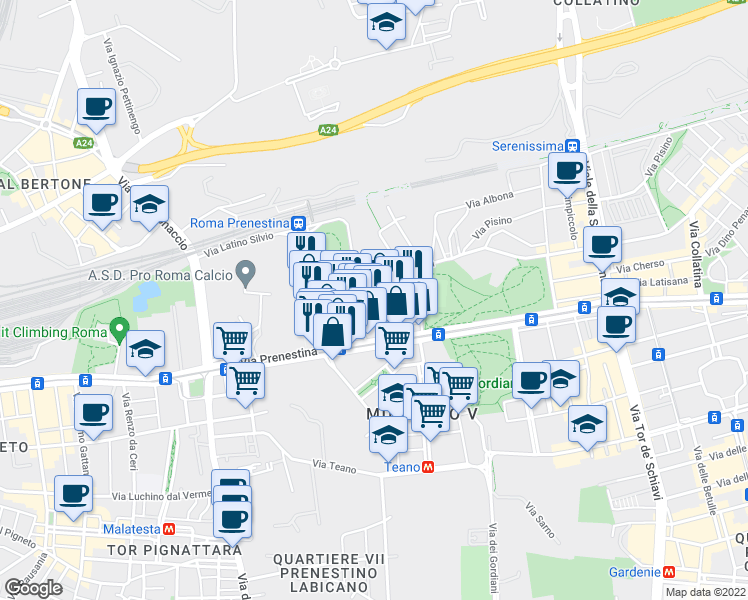 map of restaurants, bars, coffee shops, grocery stores, and more near 10 Via Silvio Benco in Roma
