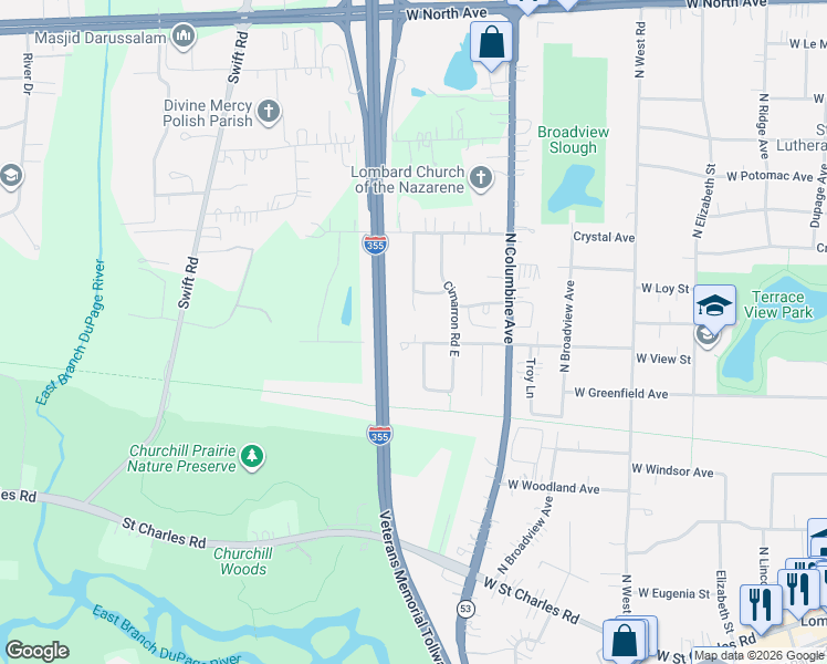 map of restaurants, bars, coffee shops, grocery stores, and more near 626 West Meadow Avenue in Lombard