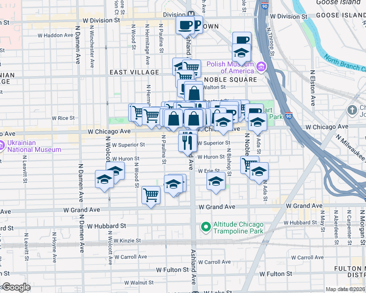 map of restaurants, bars, coffee shops, grocery stores, and more near 1605 West Superior Street in Chicago