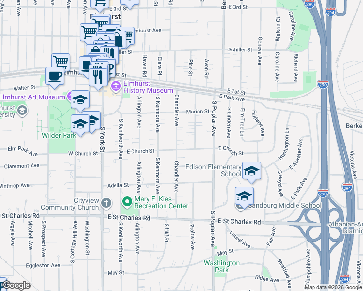 map of restaurants, bars, coffee shops, grocery stores, and more near 203 Chandler Avenue in Elmhurst