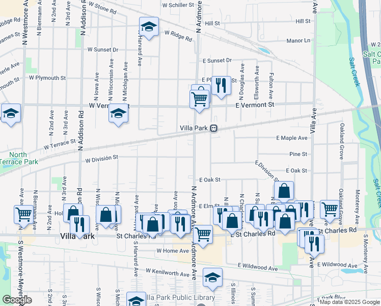 map of restaurants, bars, coffee shops, grocery stores, and more near 308 North Ardmore Avenue in Villa Park
