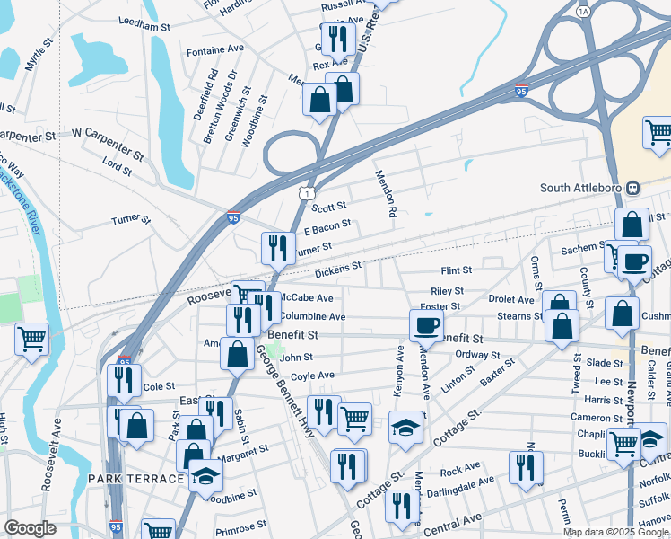 map of restaurants, bars, coffee shops, grocery stores, and more near Dickens Street in Pawtucket