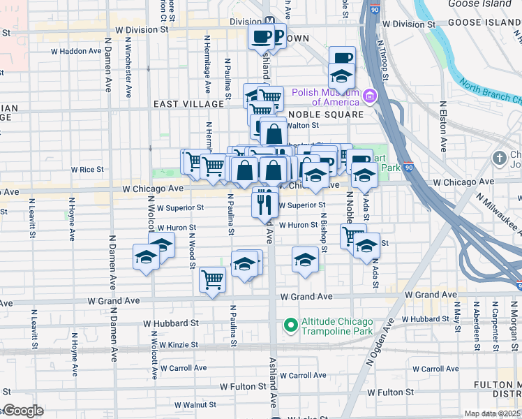 map of restaurants, bars, coffee shops, grocery stores, and more near 1613 West Superior Street in Chicago