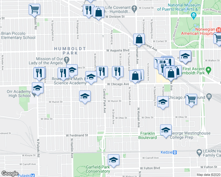 map of restaurants, bars, coffee shops, grocery stores, and more near 744 North Drake Avenue in Chicago