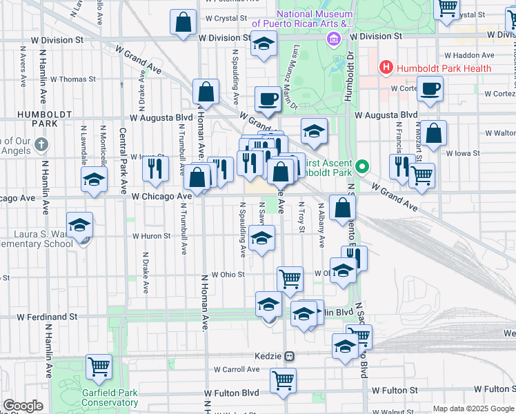 map of restaurants, bars, coffee shops, grocery stores, and more near 742 North Sawyer Avenue in Chicago