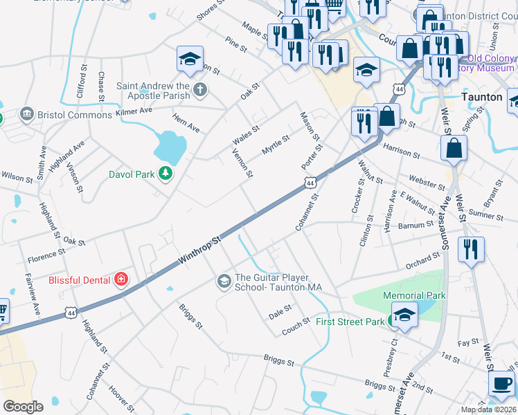 map of restaurants, bars, coffee shops, grocery stores, and more near 135 Winthrop Street in Taunton