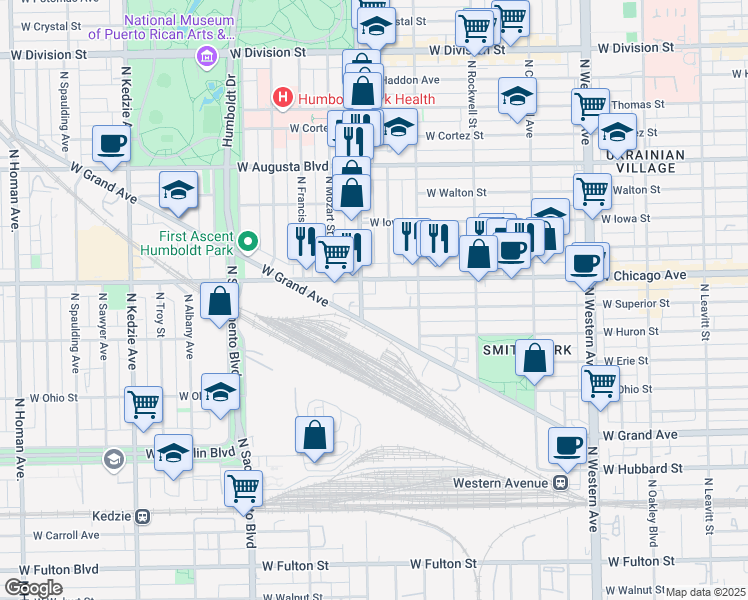 map of restaurants, bars, coffee shops, grocery stores, and more near 2756 W Superior St in Chicago