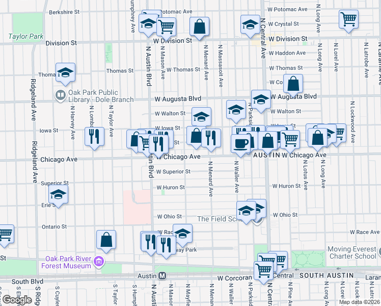 map of restaurants, bars, coffee shops, grocery stores, and more near 5900 West Chicago Avenue in Chicago