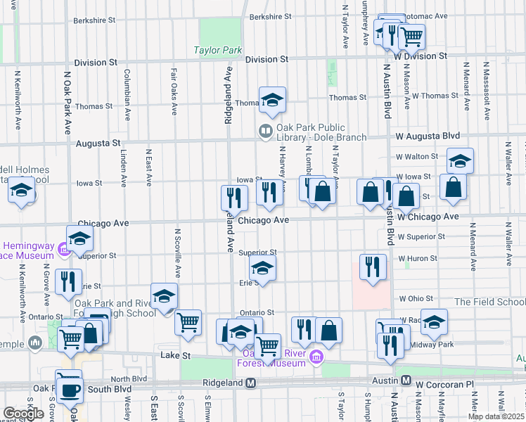 map of restaurants, bars, coffee shops, grocery stores, and more near 508 N Cuyler Ave in Oak Park