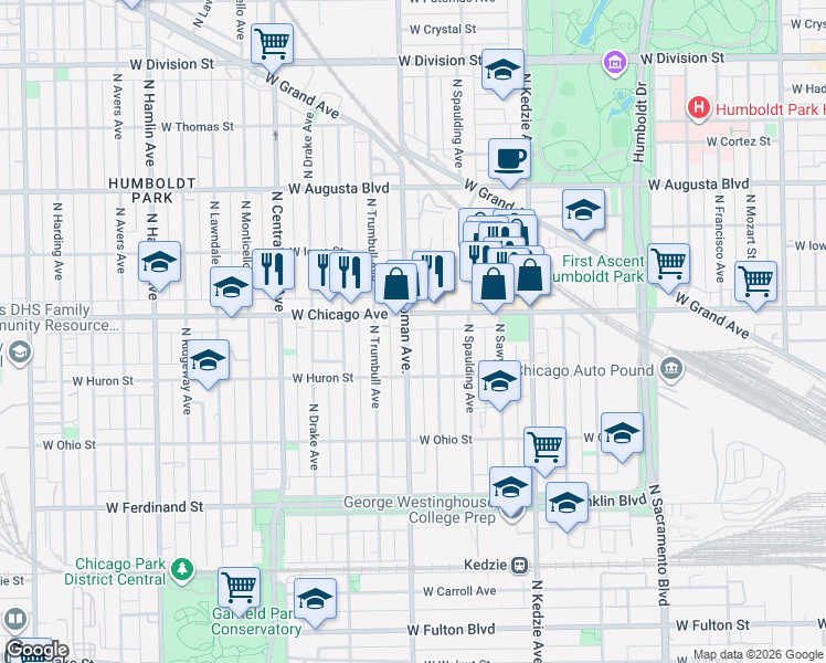 map of restaurants, bars, coffee shops, grocery stores, and more near 743 North Homan Avenue in Chicago
