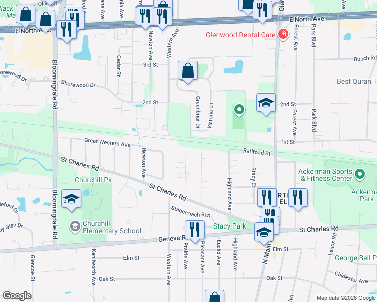 map of restaurants, bars, coffee shops, grocery stores, and more near 1N341 Prairie Avenue in Glen Ellyn
