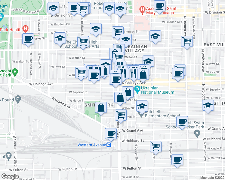 map of restaurants, bars, coffee shops, grocery stores, and more near 2416 West Superior Street in Chicago