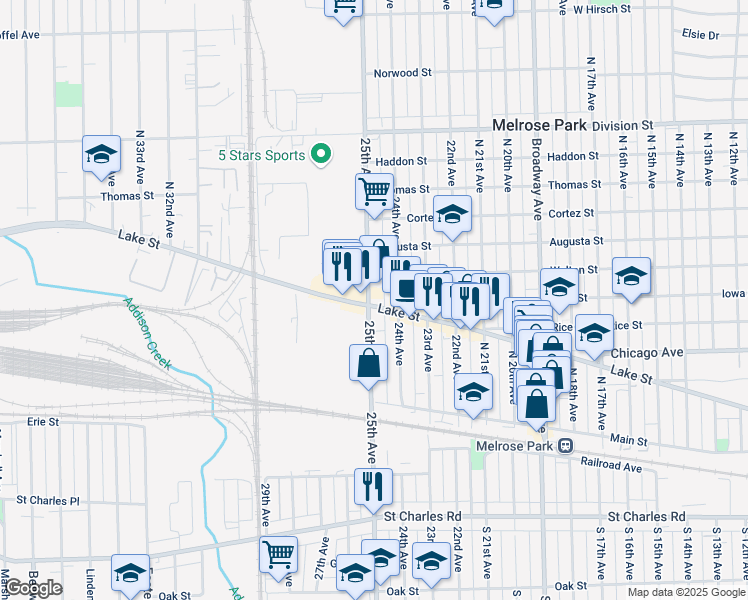 map of restaurants, bars, coffee shops, grocery stores, and more near 901 25th Avenue in Melrose Park