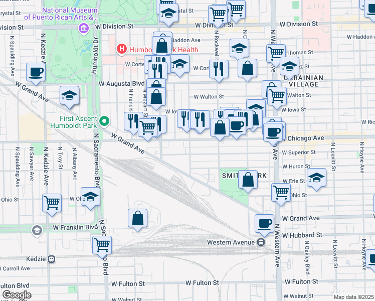 map of restaurants, bars, coffee shops, grocery stores, and more near 2700 West Superior Street in Chicago