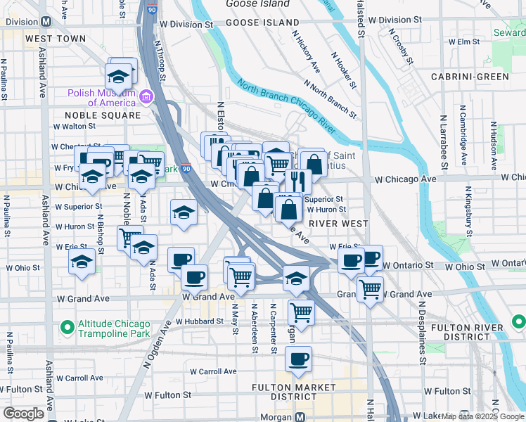 map of restaurants, bars, coffee shops, grocery stores, and more near 731 North Carpenter Street in Chicago