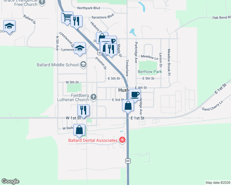 map of restaurants, bars, coffee shops, grocery stores, and more near in Huxley