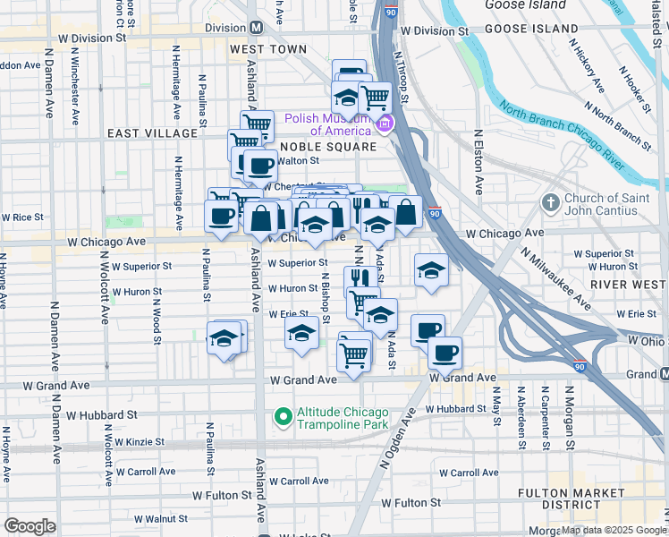 map of restaurants, bars, coffee shops, grocery stores, and more near 1413 West Superior Street in Chicago