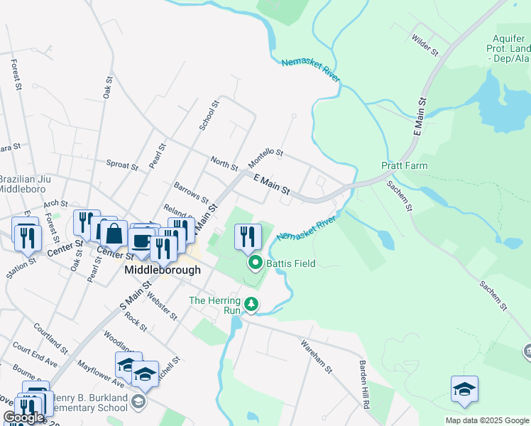 map of restaurants, bars, coffee shops, grocery stores, and more near 13 Coombs Street in Middleborough