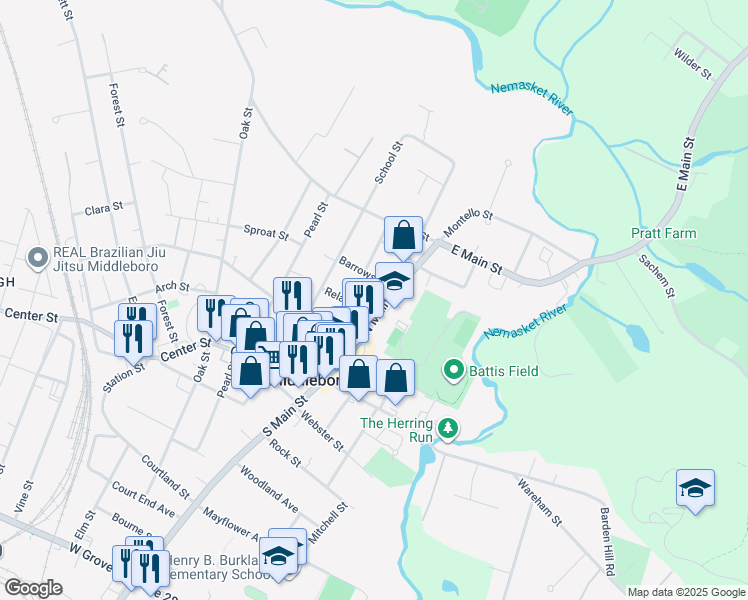 map of restaurants, bars, coffee shops, grocery stores, and more near 210 North Main Street in Middleborough