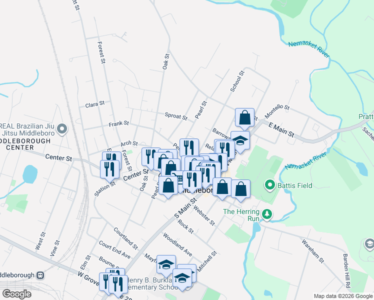 map of restaurants, bars, coffee shops, grocery stores, and more near 100 Peirce Street in Middleborough