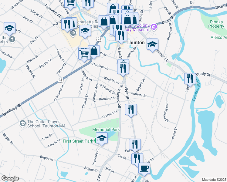 map of restaurants, bars, coffee shops, grocery stores, and more near 57 Somerset Avenue in Taunton