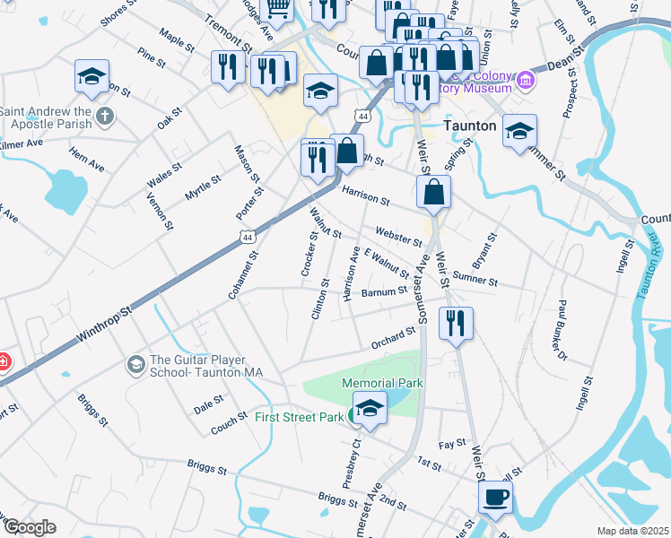 map of restaurants, bars, coffee shops, grocery stores, and more near 30 Harrison Avenue in Taunton