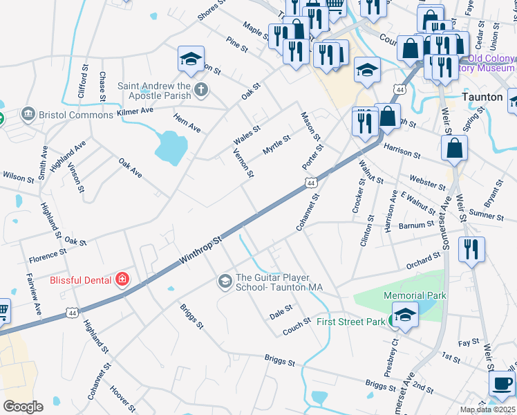 map of restaurants, bars, coffee shops, grocery stores, and more near 131 Winthrop Street in Taunton