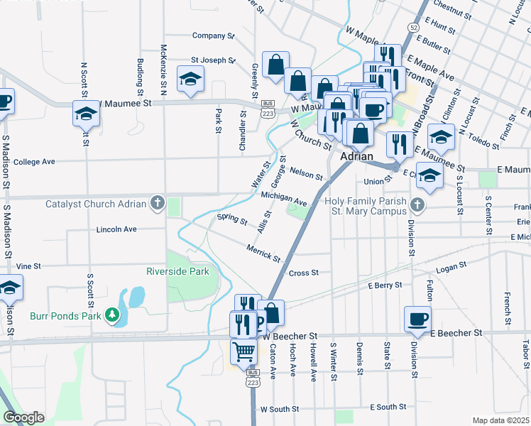 map of restaurants, bars, coffee shops, grocery stores, and more near 423 Allis Street in Adrian