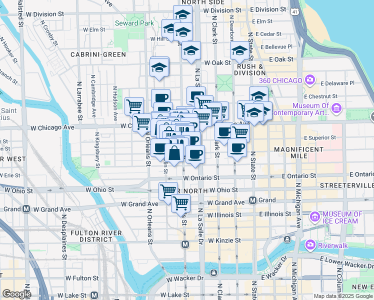 map of restaurants, bars, coffee shops, grocery stores, and more near 702 North Wells Street in Chicago