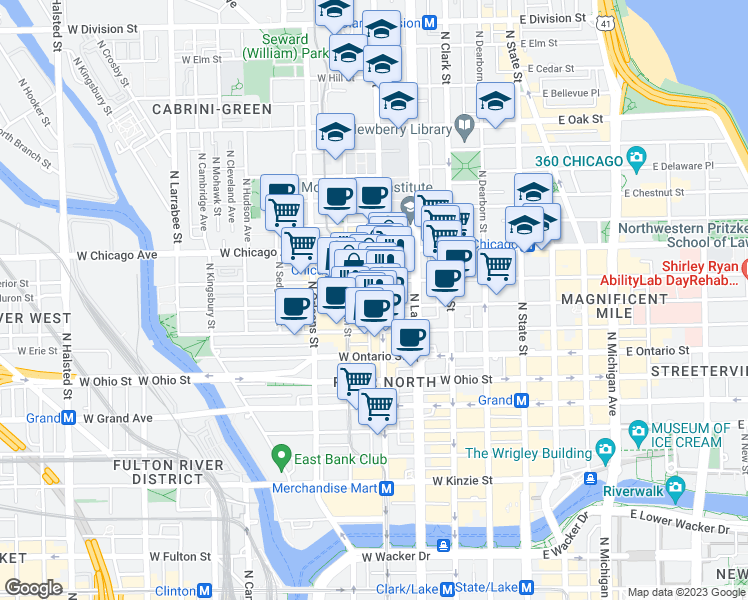 map of restaurants, bars, coffee shops, grocery stores, and more near 702 North Wells Street in Chicago