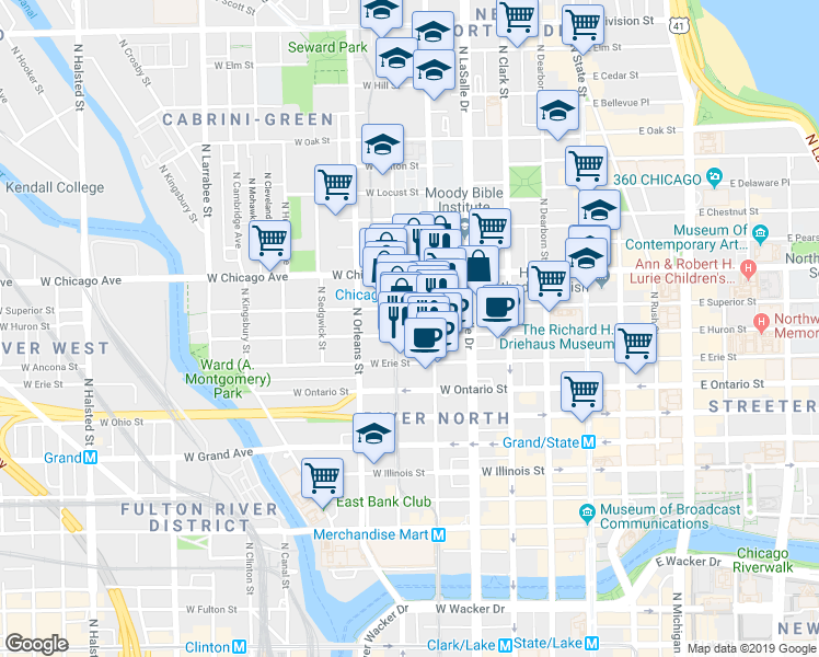 map of restaurants, bars, coffee shops, grocery stores, and more near 702 North Wells Street in Chicago