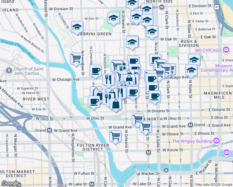 map of restaurants, bars, coffee shops, grocery stores, and more near 405 West Superior Street in Chicago